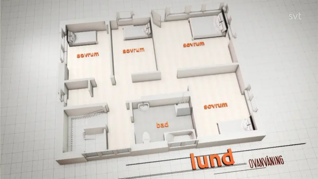 Stiligt - 3D-plan över en lägenhet i Lund med tre sovrum märkta "sovrum" och ett badrum märkt "dåligt"; perfekt för Husdrömmar. "Lund" står det längst ner.
