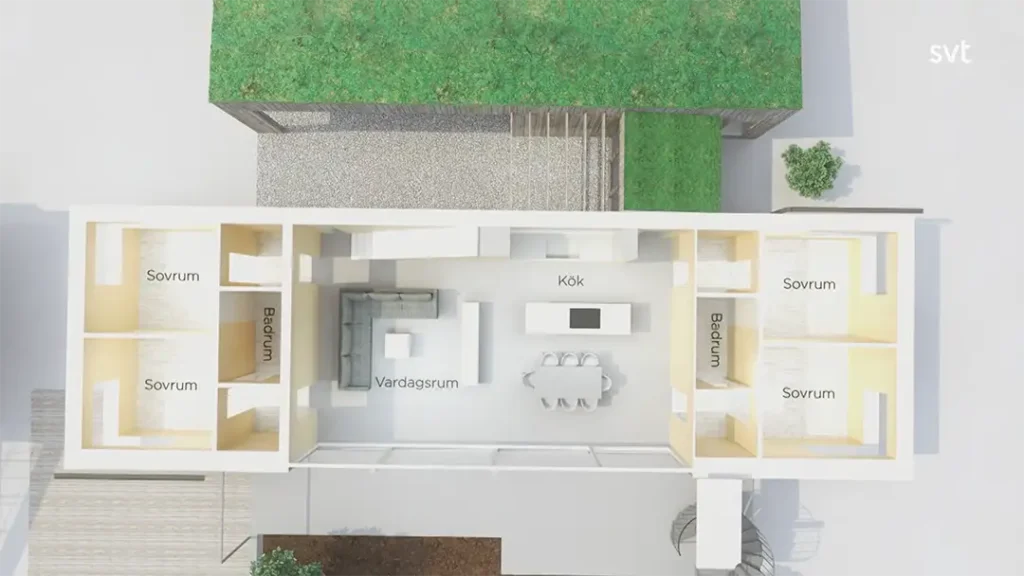 Stiligt - En top-down vy av ett Lerum - Husdrömmar hus planlösning med märkta rum: tre sovrum (Sovrum), två badrum (Badrum), ett vardagsrum (Vardagsrum), och ett kök (Kök).