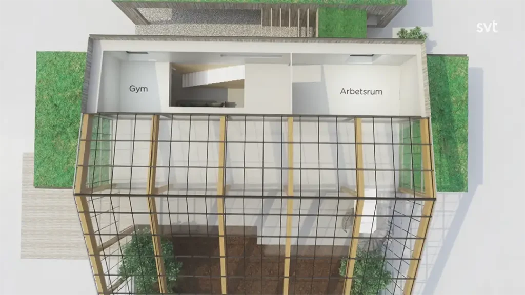 Stiligt - En top-down arkitektonisk återgivning av en byggnadsdel i Lerum från Husdrömmar visar märkta rum "Gym" och "Arbetsrum", med ett stort glastak nedanför med synlig grönska inuti.