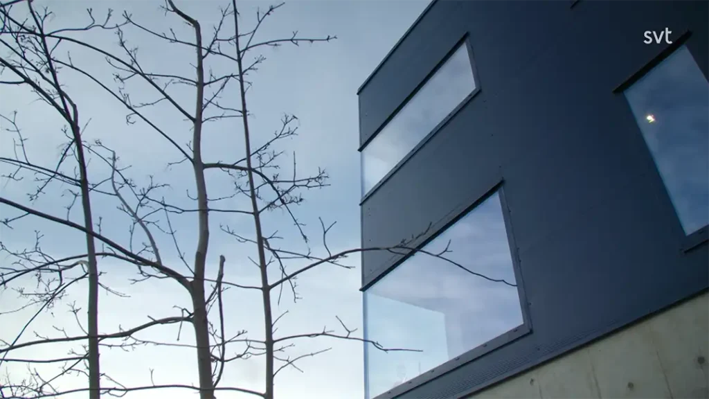 Stiligt - Ett bladlöst träd står bredvid en modern byggnad med stora glasfönster under en molnig himmel.