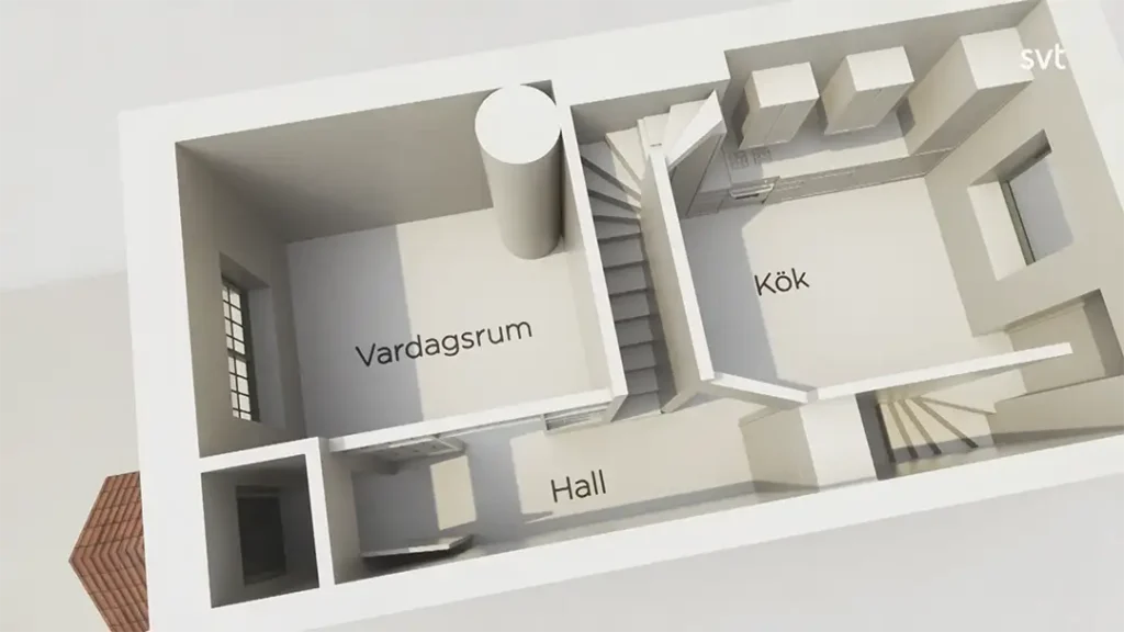 Stiligt - En planritning i 3D av Gamla Enskede - Husdrömmar visar märkta rum: Vardagsrum (vardagsrum), Kök (kök) och Hall, tillsammans med trappor och fönster.