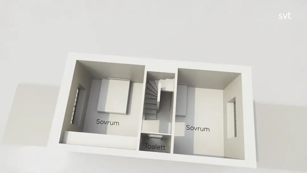 Stiligt - 3D-plan över ett hem i Gamla Enskede - Husdrömmar, med två sovrum märkta "Sovrum" och ett centralt badrum märkt "Toalett", åtskilda av en trappa.