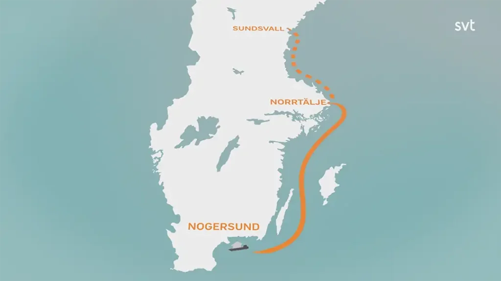 Stiligt - En karta över Sverige som visar en rutt från Nogersund i söder till Sundsvall i norr, som går genom Norrtälje och Hällevik, med en orange linje och en prickad stig som indikerar resan – perfekt för alla Husdrömmar-äventyr.