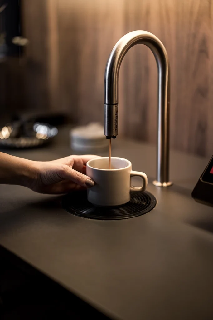Stiligt - En hand håller en vit mugg under en modern metallkran när kaffe hälls upp i koppen på en mörk köksbänk på Victor Noblesse frisörsalong.