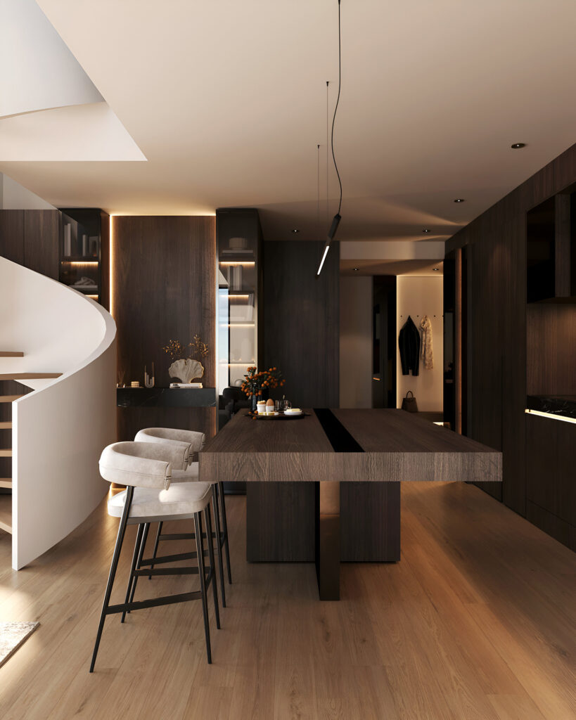Elegant kök i en lyxig duplex-lägenhet i Karlatornet, med mörka trädetaljer, en modern bokhylla med glasluckor och en stilren spiraltrappa.