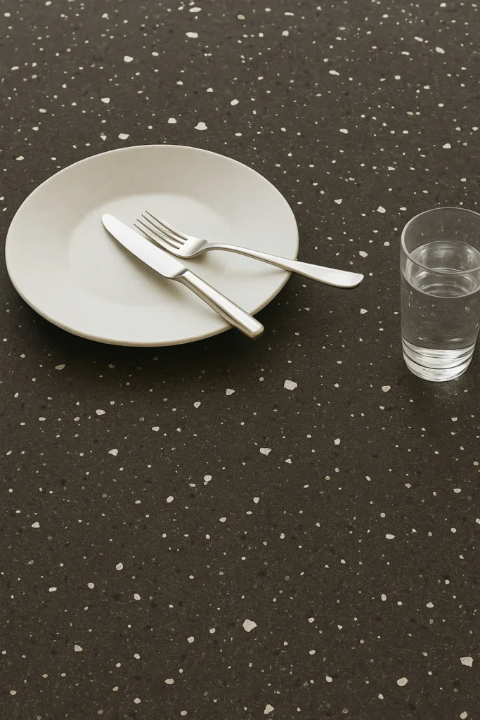 Stiligt - En vit tallrik med en gaffel och kniv i kors ovanpå, bredvid ett glas vatten, står på en mörkprickig bänkskiva till kök.