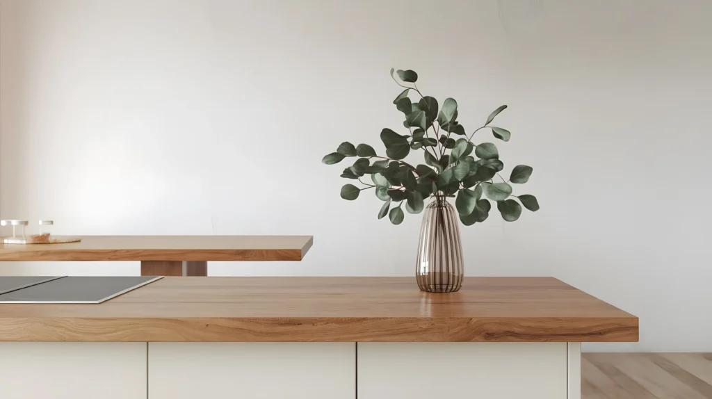 Stiligt - En vas i klar glas med gröna bladgrenar står på en bänkskiva till kök i trä i ett minimalistiskt, modernt kök med ljusa väggar.
