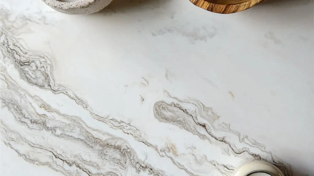 Stiligt - En bänkskiva i vit marmor med grå ådring, delvis med en keramikskål, ett träfat och ett ljus i kanterna.