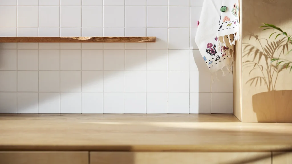 Stiligt - En bänkskiva till kök i trä med en växt i solljus, vitkaklad vägg, en trähylla och en vit duk med färgglatt broderi hängande till höger.