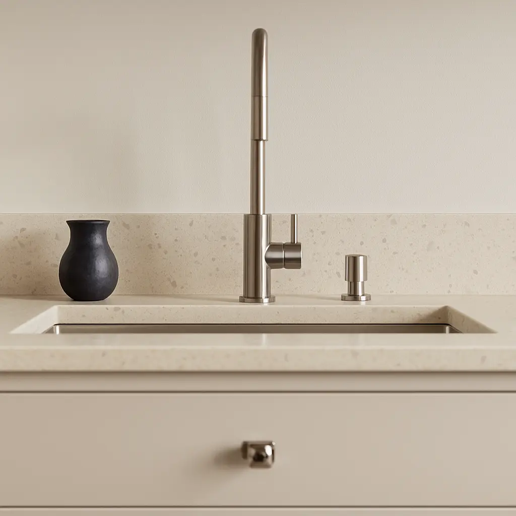 Stiligt - En modern köksblandare och tvålpump i rostfritt stål är installerade i en beige bänkskiva till kök, med en liten mörk vas till vänster.